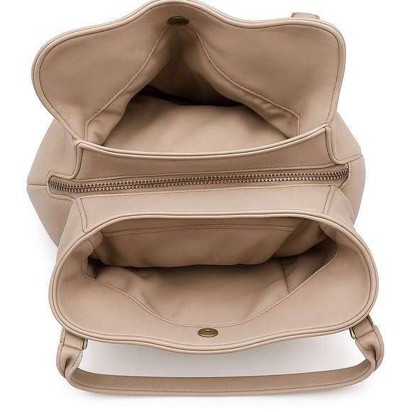 Taupe Vegan Leather Shoulder Bag Minimalist Work Satchel Tote Organizer Purse - Picture 5 of 6